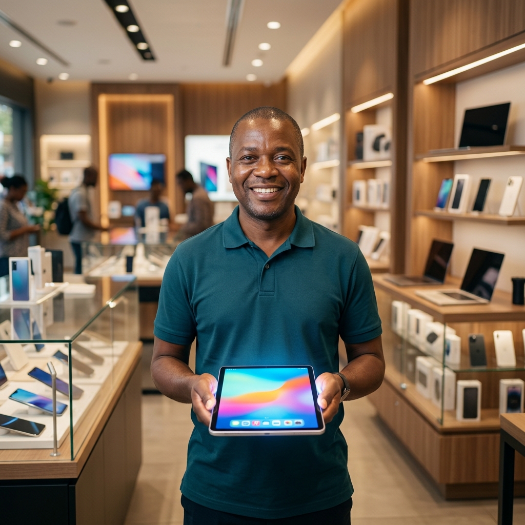 Merchant in electronics shop using FlexBuy tablet